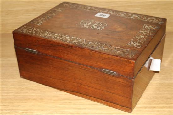 A Victorian rosewood and mother of pearl work box and sewing accessories 12 x 28cm